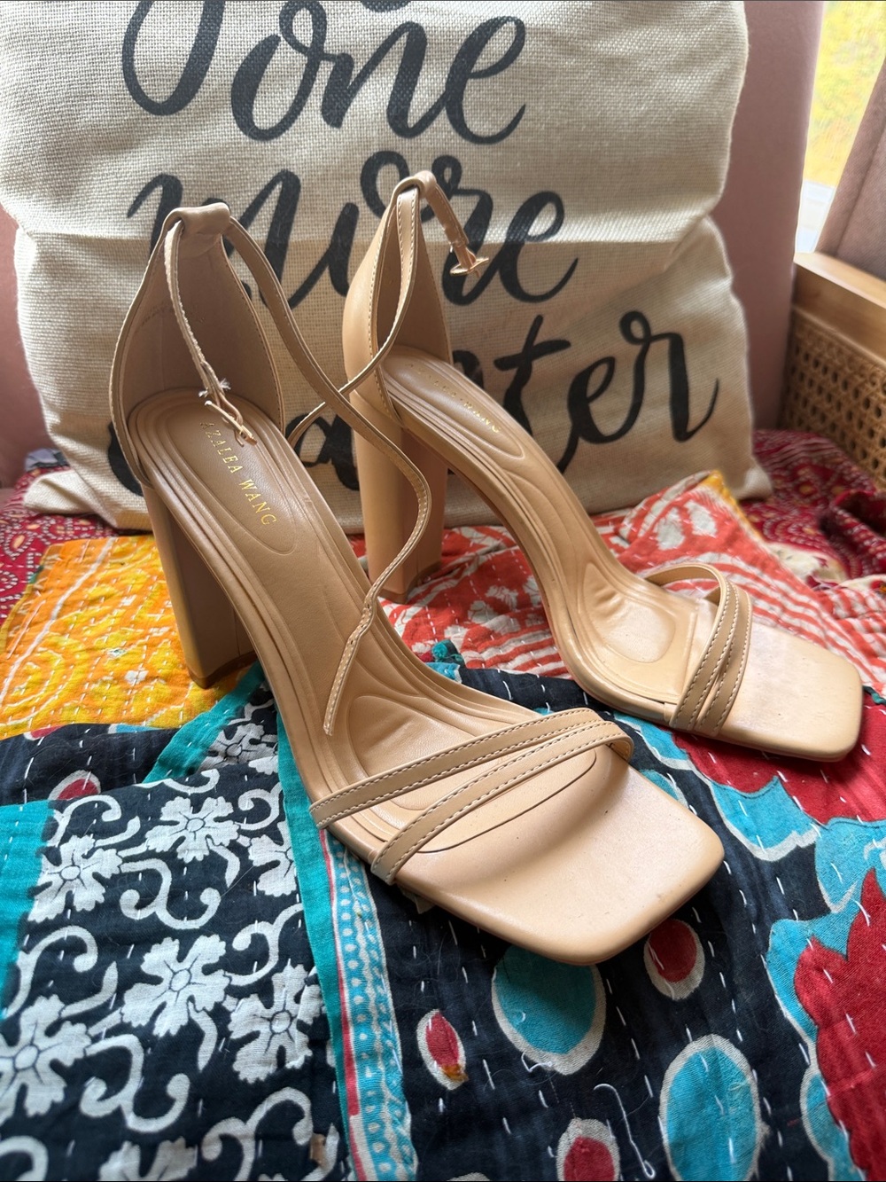 Neutral Tan Strappy Block Heel Sandals with Ankle Tie